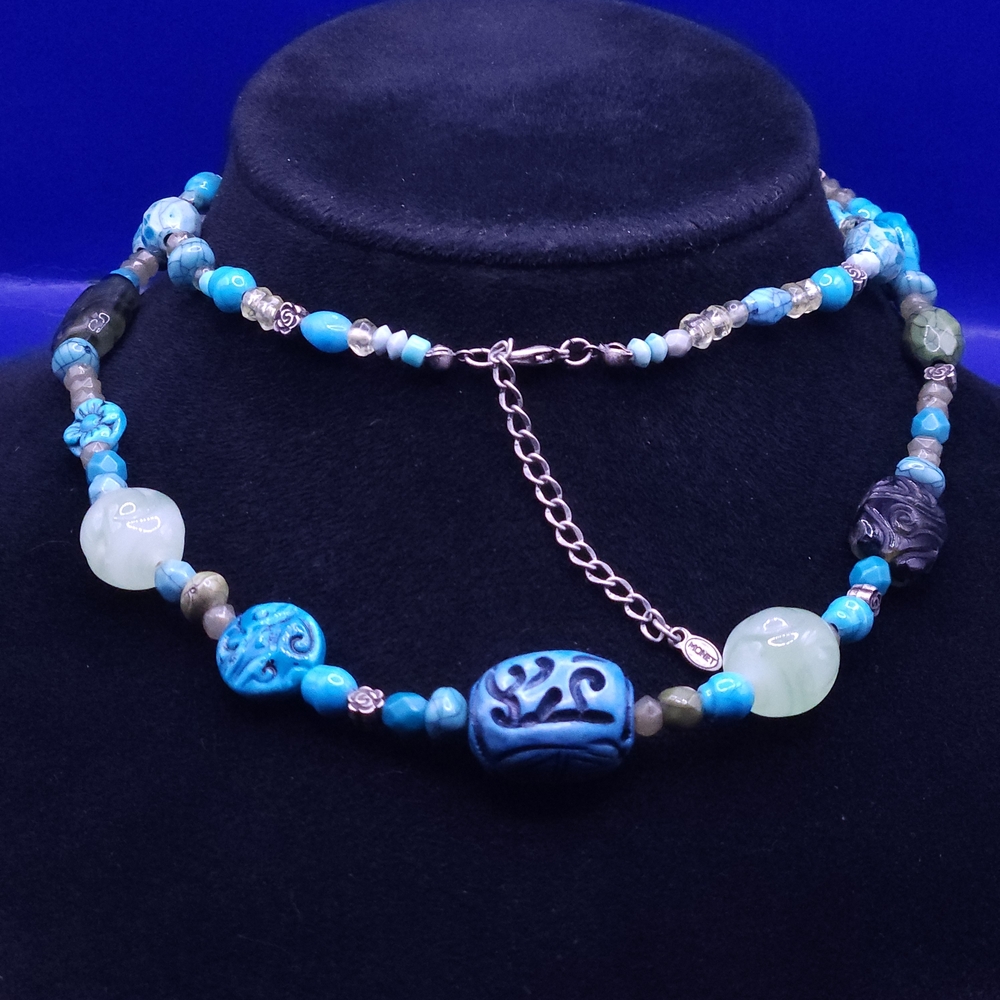Vintage Monet blue, teal, and clear Beaded Neclace